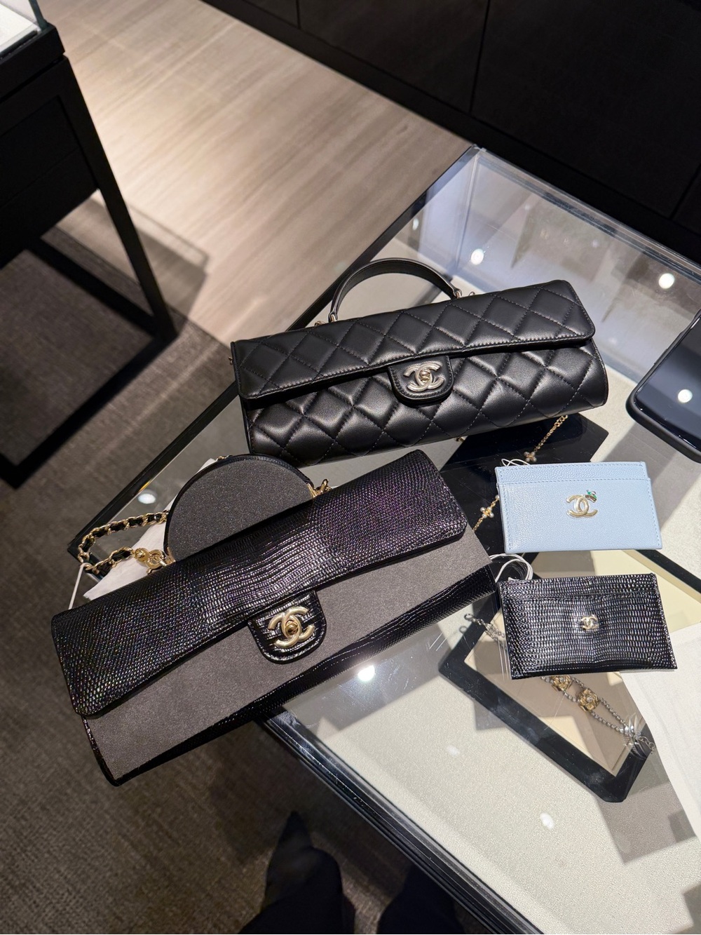 Chanel Black East West Top Handle Lizard Embossed Leather Clutch | NIB